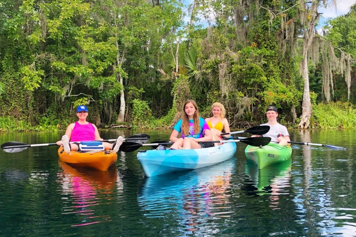 Four people kayaking on a calm lake surrounded by trees.