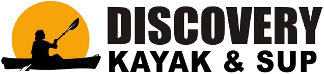 Logo of kayaker with paddle against orange sun, text: Discovery Kayak & SUP.