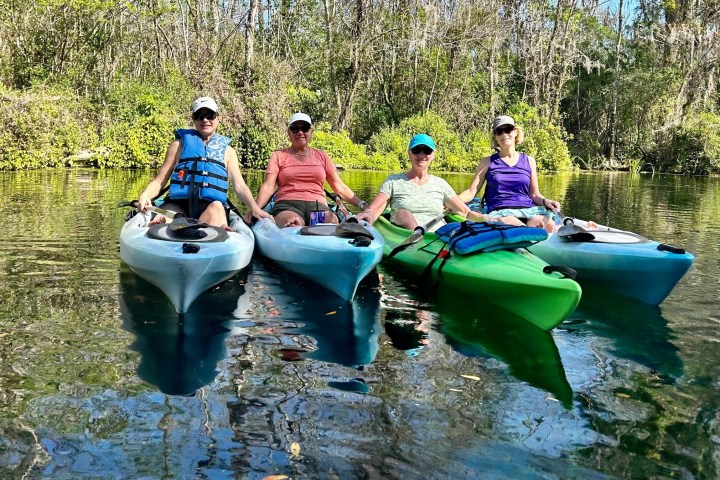 Four people in colorful kayaks on a tranquil river surrounded by trees.